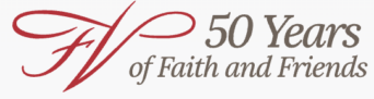 Logo for 50 Years of Faith and Friends, with red decorative initials and gray script text.