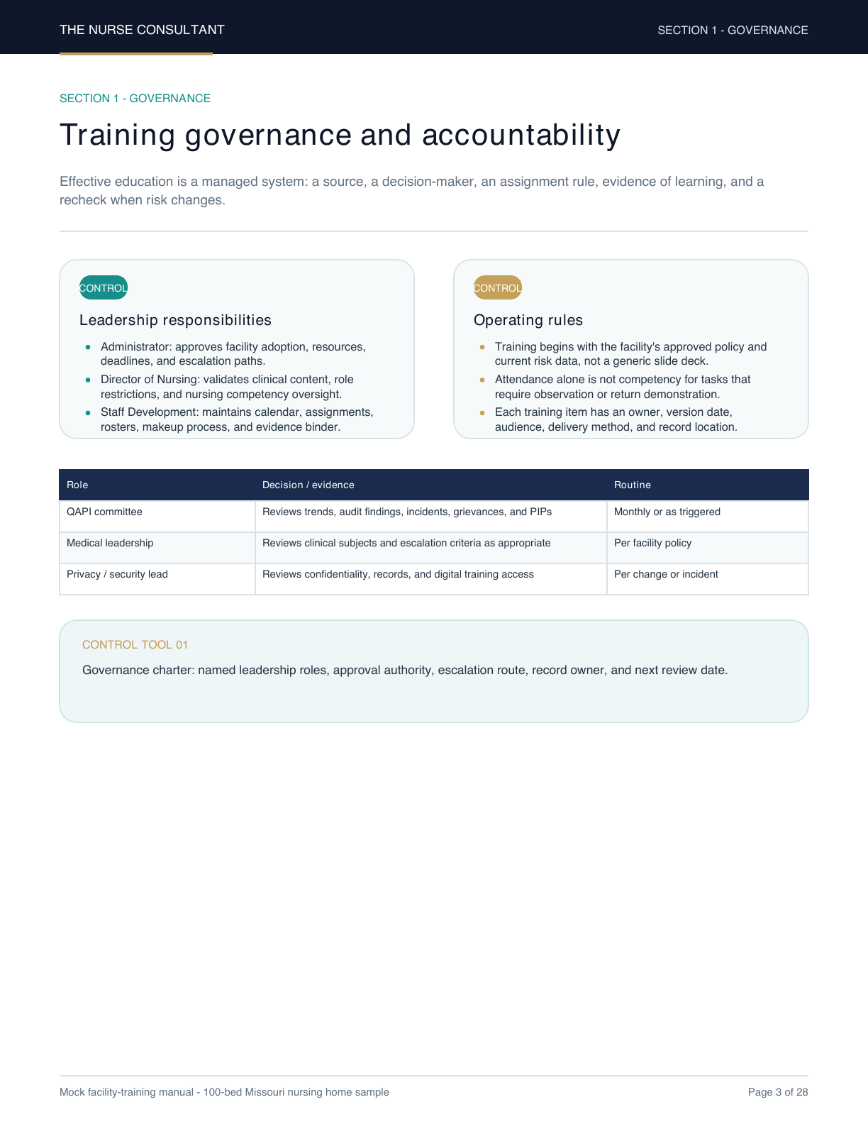 Training governance page from the sample manual